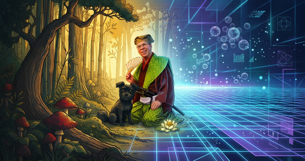 Hans Karlsson in Japanese robe and folding fan, surrounded by an enchanted forest with a black dog and lotus flower, cover art for The Path to Shared Realities